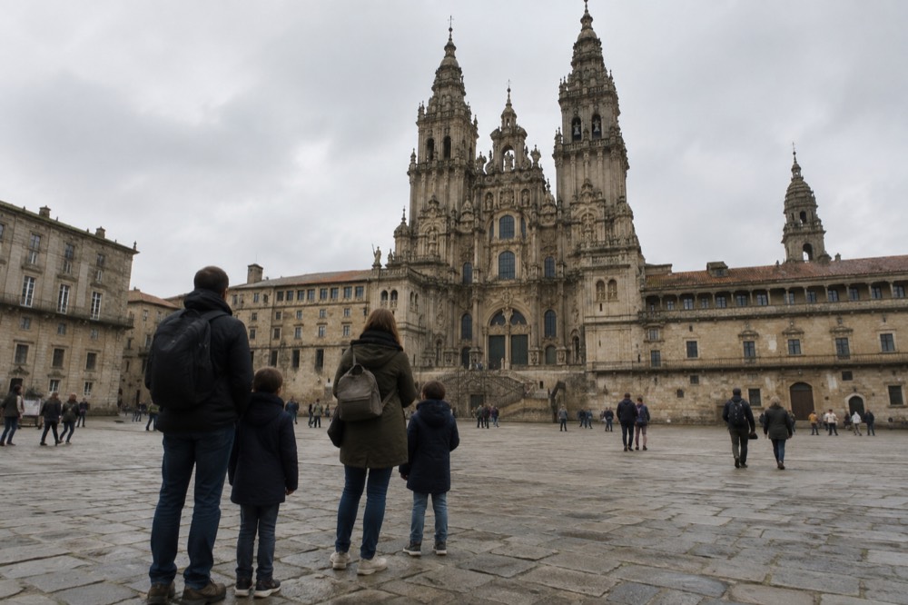 Parents and children standing in Praza do Obradoiro looking up at Santiago de Compostela Cathedral