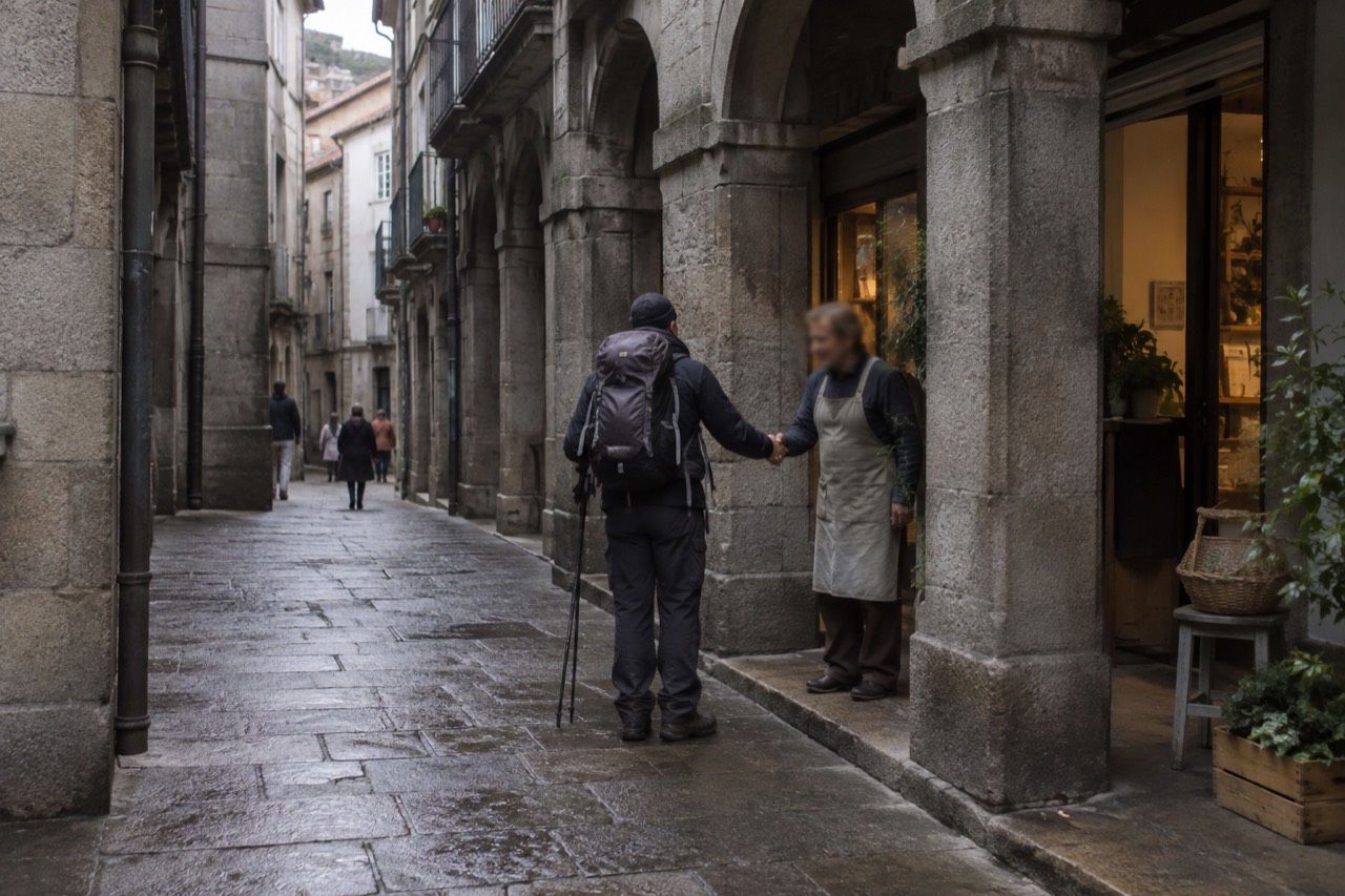 A pilgrim and a local shopkeeper greeting each other on a stone street in the old town of Santiago de Compostela