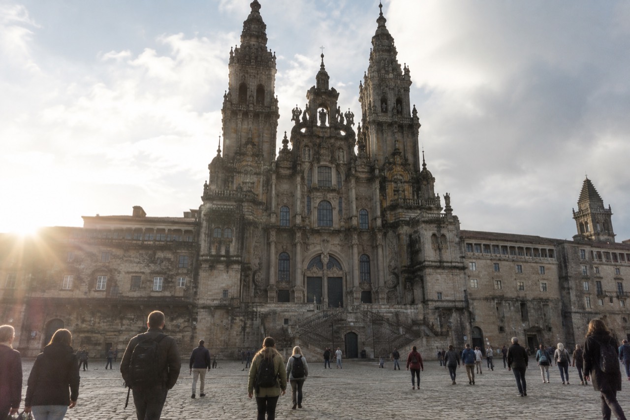 Pilgrims and visitors walking across the stone square in front of Santiago de Compostela Cathedral in daylight.