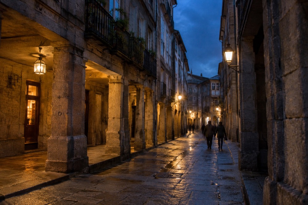 A narrow granite-paved lane in the Santiago de Compostela old town in the evening, lit by warm lamps.