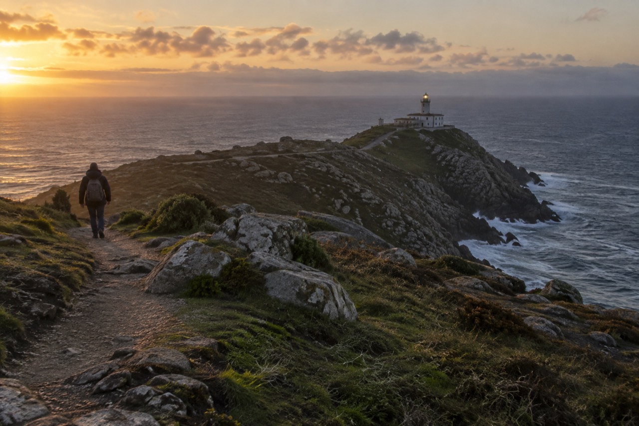A coastal path above the Atlantic near Fisterra with the lighthouse headland in the distance