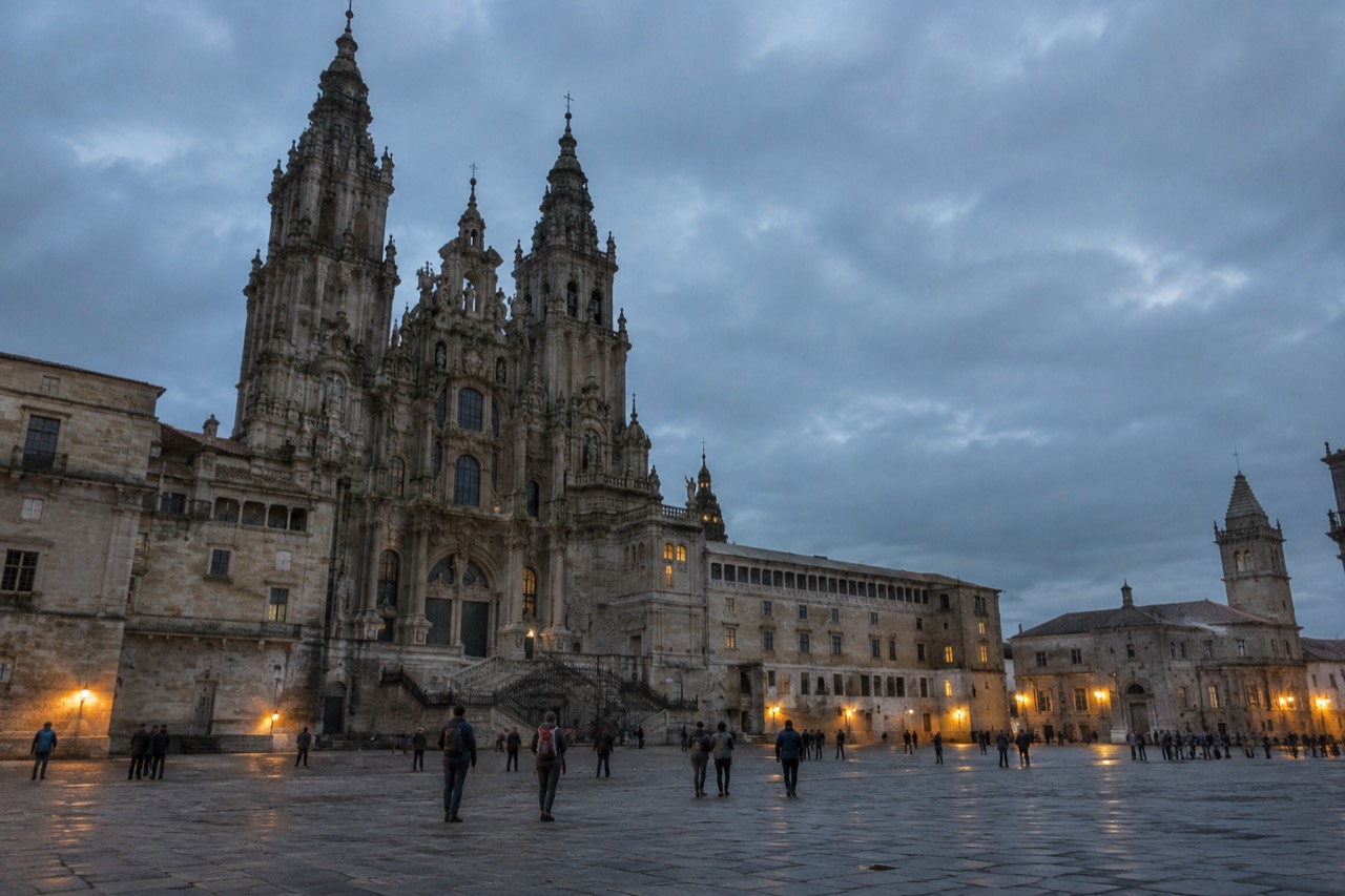 Pilgrims with backpacks walking a stone path through rural Galicia toward Santiago de Compostela