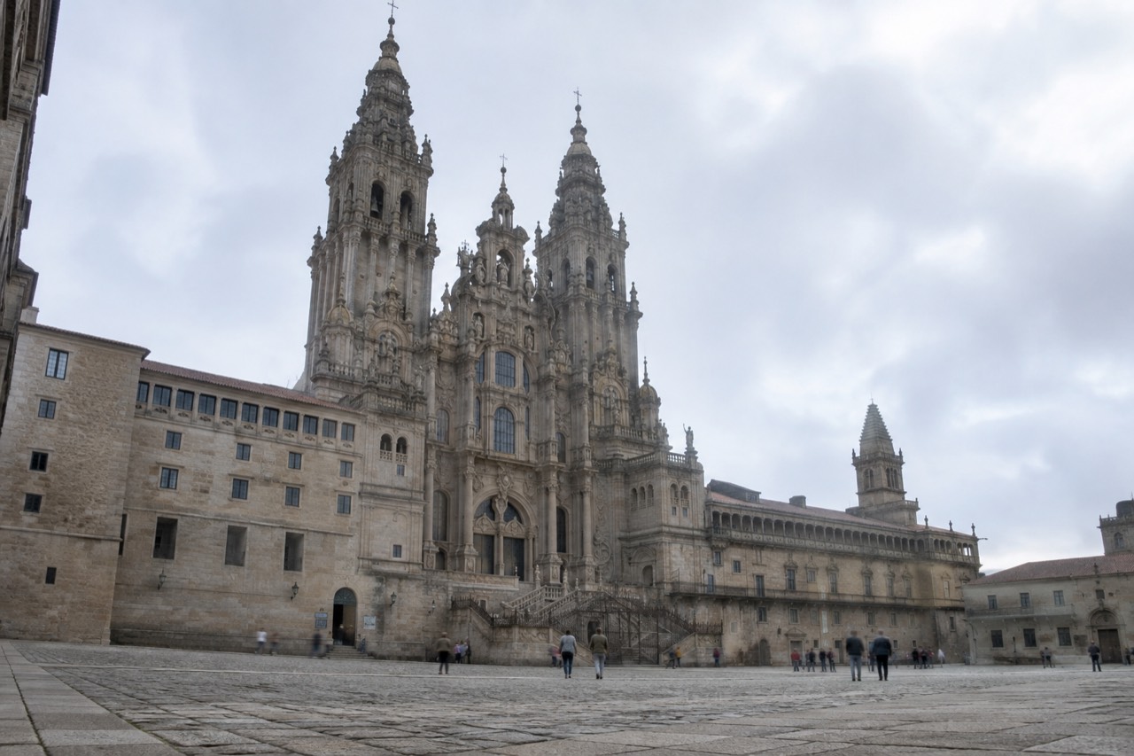 The granite towers of Santiago de Compostela Cathedral rising above Praza do Obradoiro in Galicia, Spain
