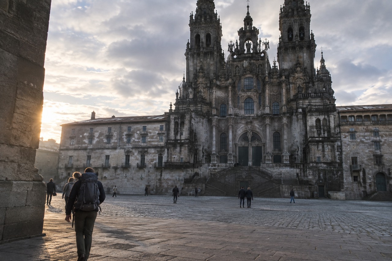 A pilgrim with a backpack walking away from the small terminal building of Santiago de Compostela airport on a bright morning