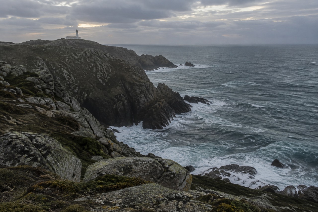 Cliffs and open ocean at the end of the Costa da Morte coastline in Galicia, Spain