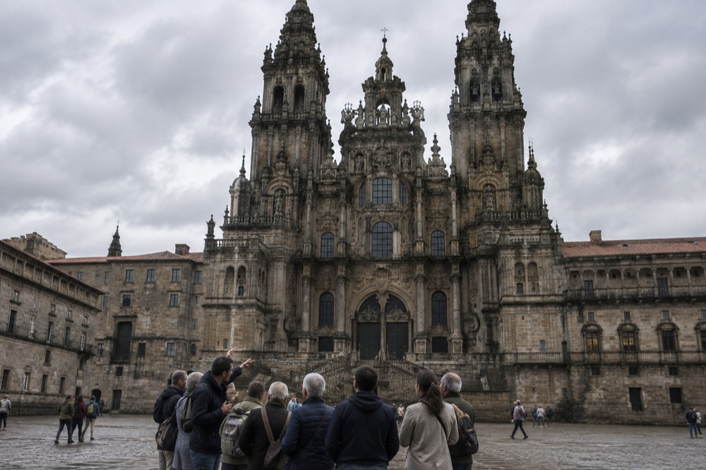 A licensed guide speaking to a small group of visitors in a granite square beside a baroque cathedral facade