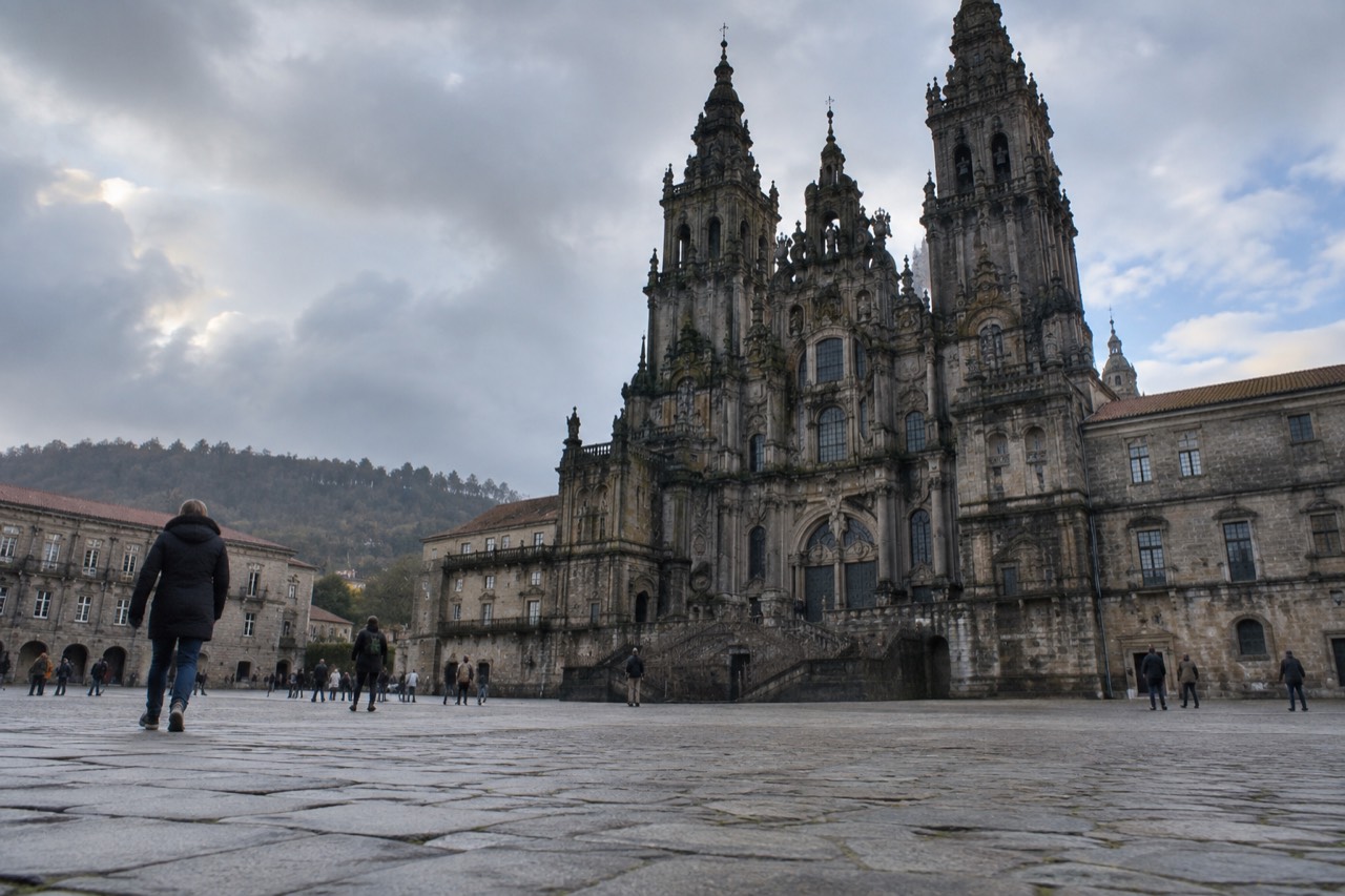 Granite buildings and green hills around Santiago de Compostela in Galicia, Spain