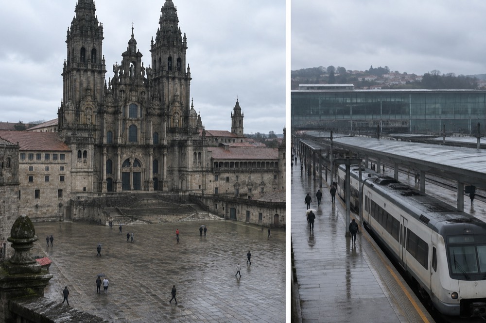 A regional train waiting at a platform beside Santiago de Compostela's intermodal station on a drizzly afternoon