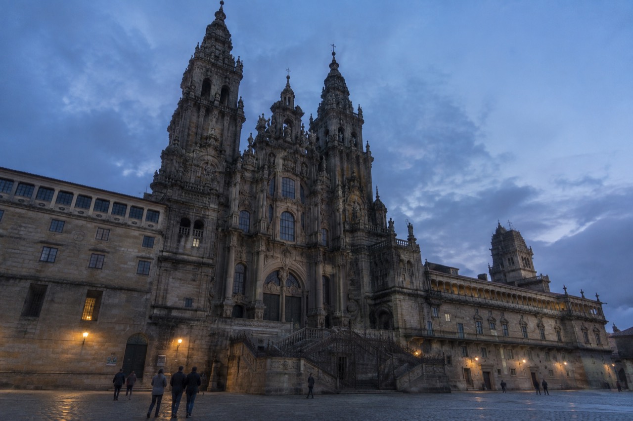 Granite square in front of the Cathedral of Santiago de Compostela at golden hour