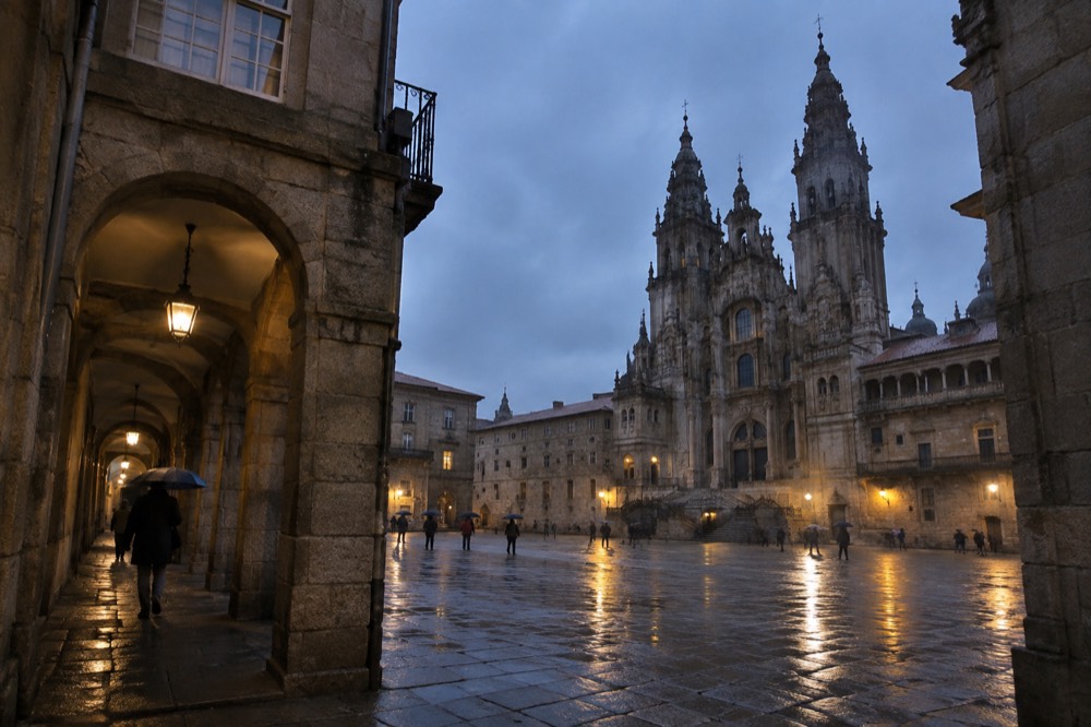Baroque facade of the cathedral seen from a granite square in the rain