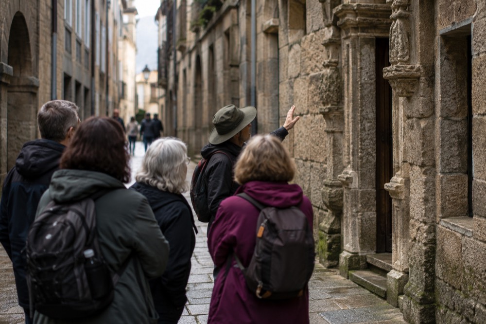 Tour guide showing a small group a stone facade on a narrow street