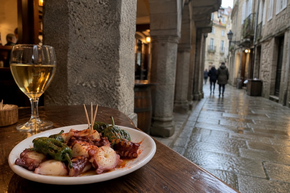 Octopus and peppers served on a small plate at a tapas bar counter