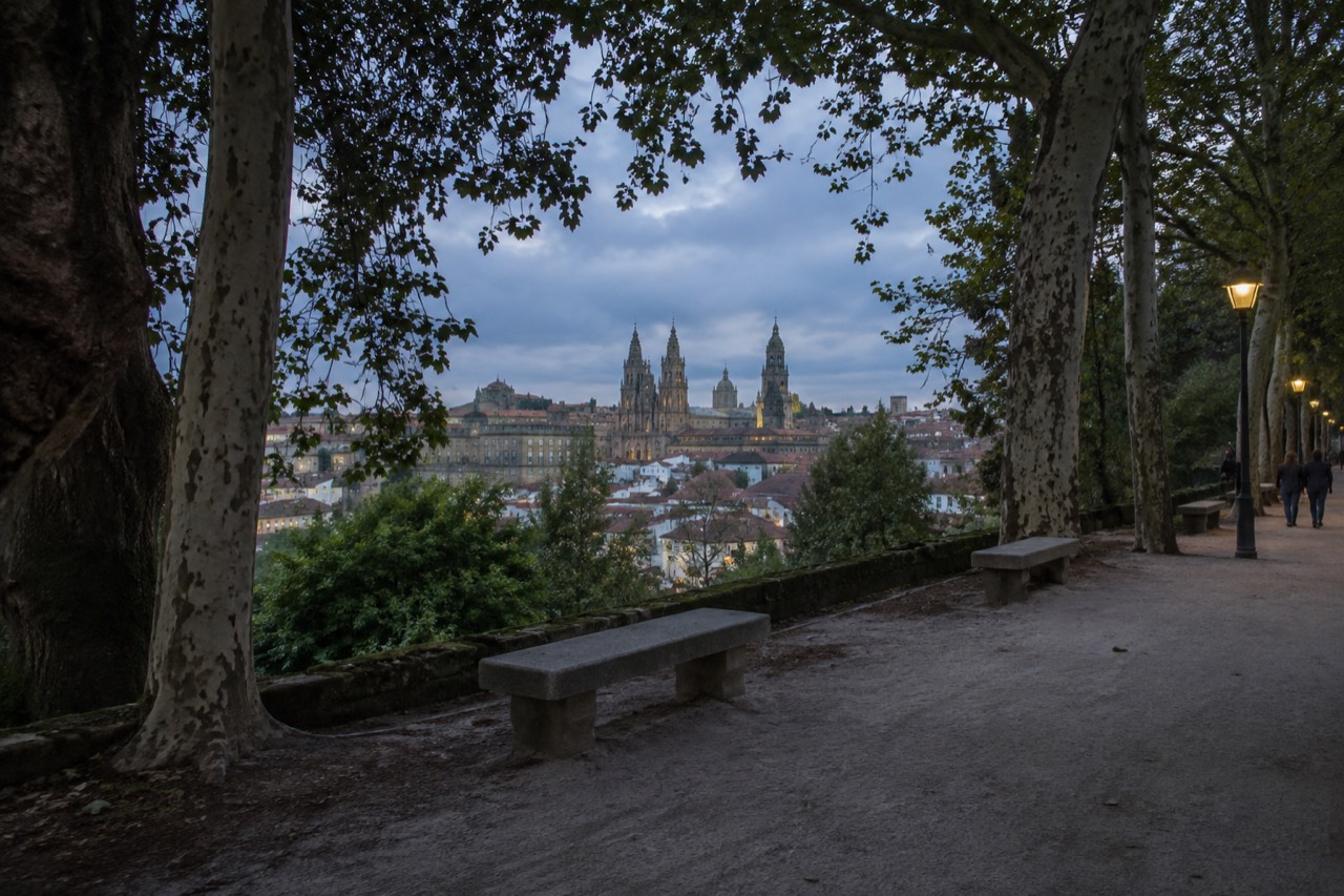 Gravel path in Alameda Park lined with chestnut trees, benches and lamps, with cathedral towers visible above the canopy