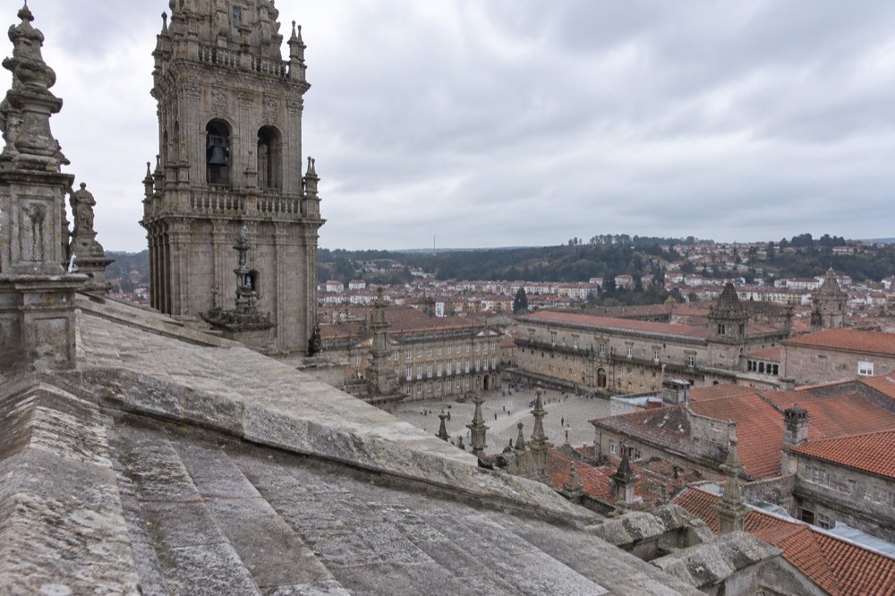 View over Praza do Obradoiro from the cathedral rooftops in Santiago de Compostela