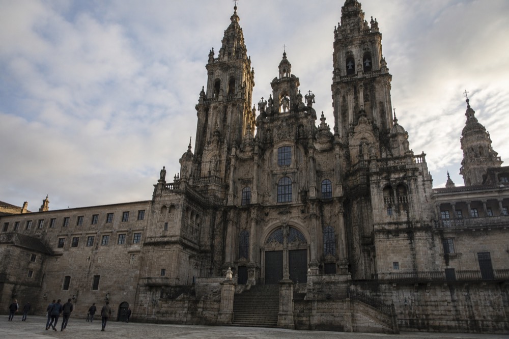Walkway along the cathedral roof with granite towers in Santiago de Compostela