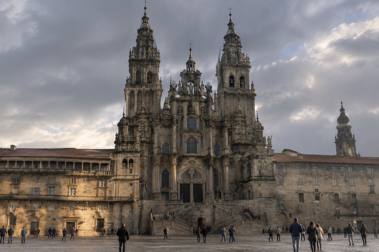 Baroque western facade of the Cathedral of Santiago de Compostela rising above Praza do Obradoiro