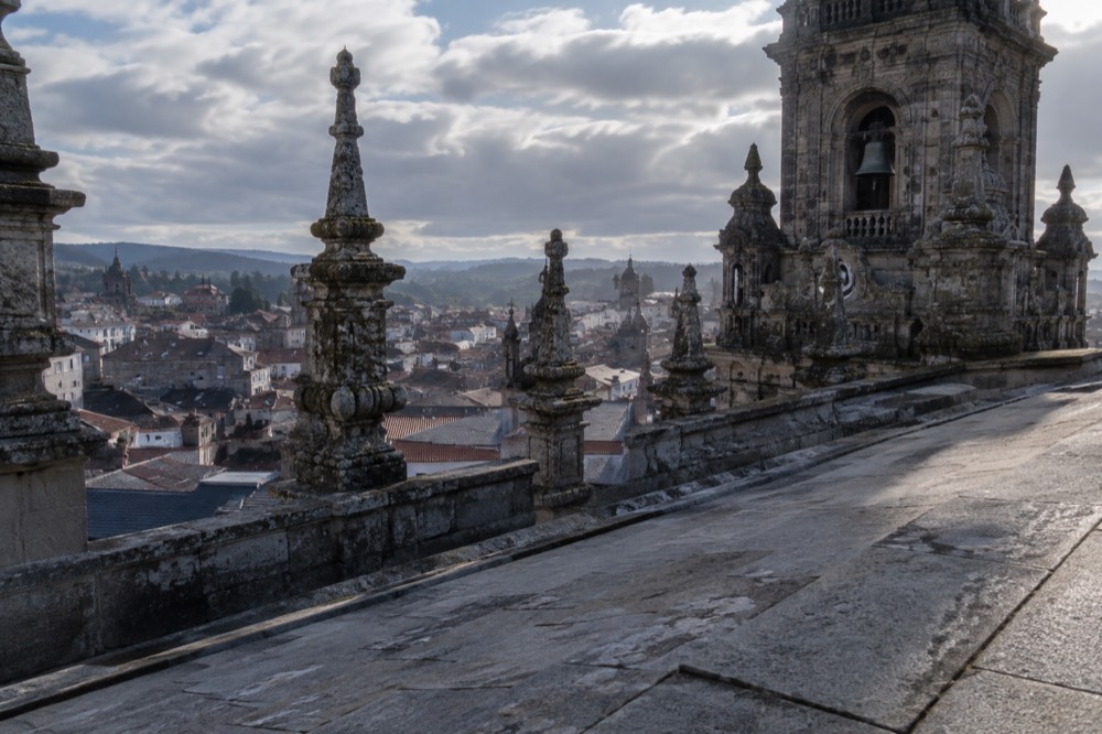 View from the cathedral rooftops across the towers and rooftops of Santiago de Compostela old town