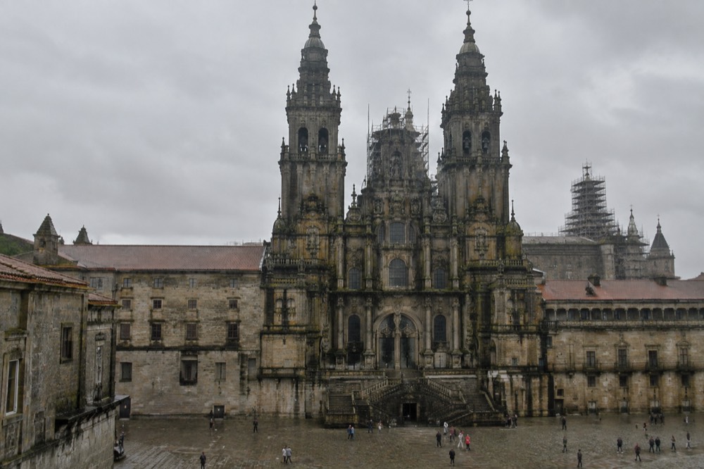 Scaffolding over the cathedral dome and the stonework of the crossing tower in Santiago de Compostela