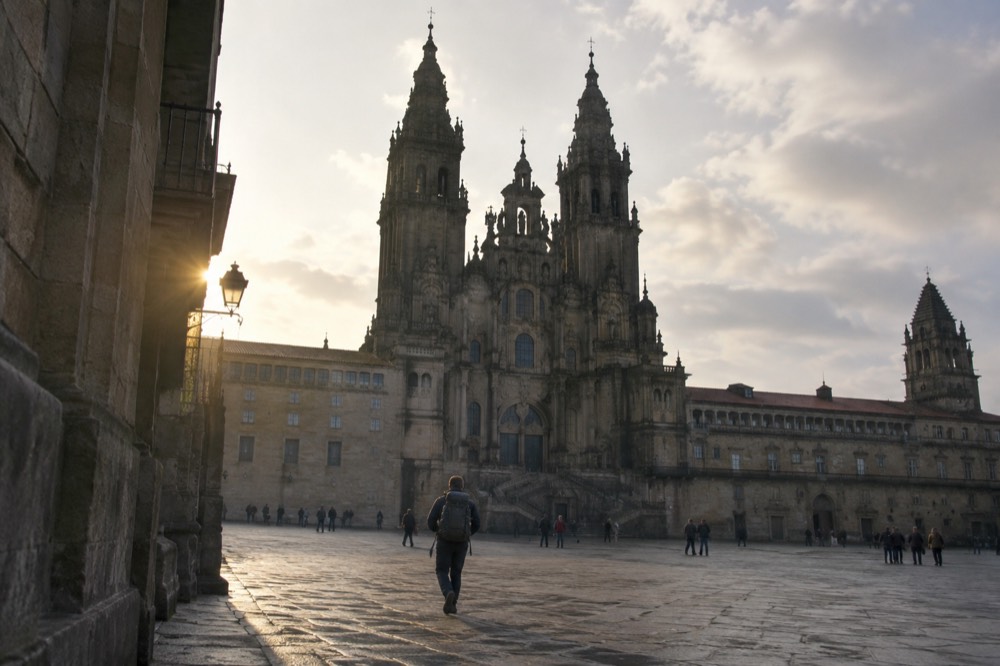 Pilgrims seated in the cathedral nave for a mass at the high altar of Santiago de Compostela