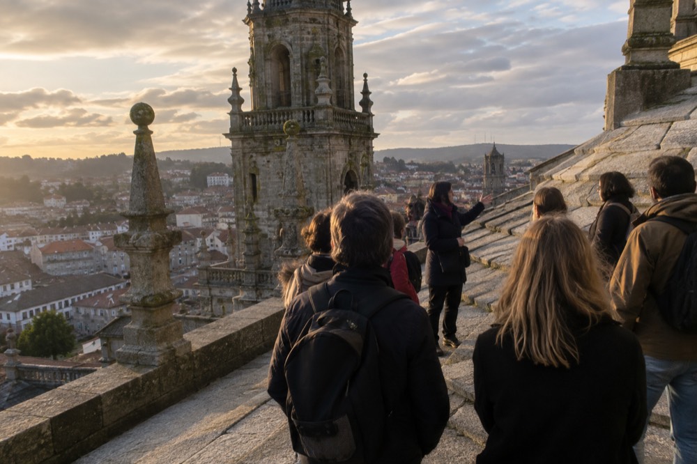 A small tour group listening to a guide on a cathedral rooftop with the city skyline behind