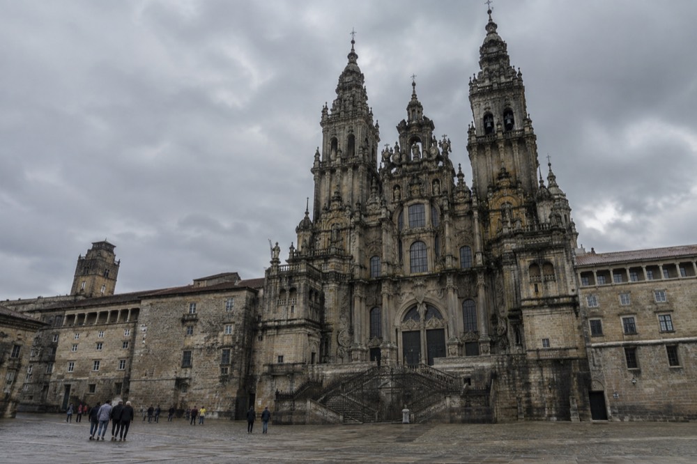 Clouds passing over the cathedral towers and rooftops of Santiago de Compostela