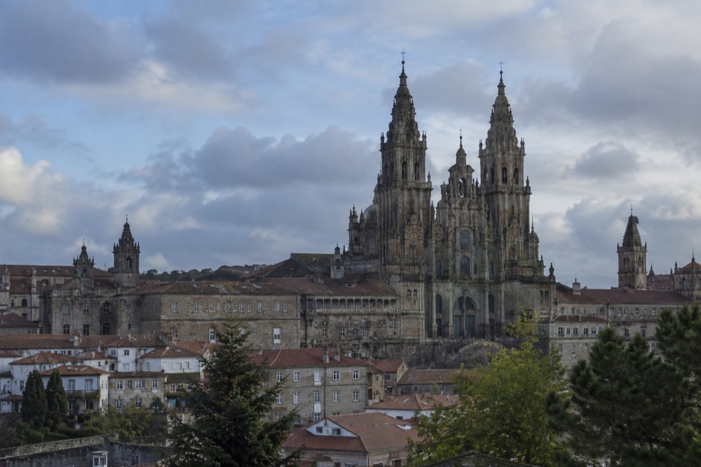 View from the City of Culture hillside across to the Cathedral towers of Santiago de Compostela in the distance