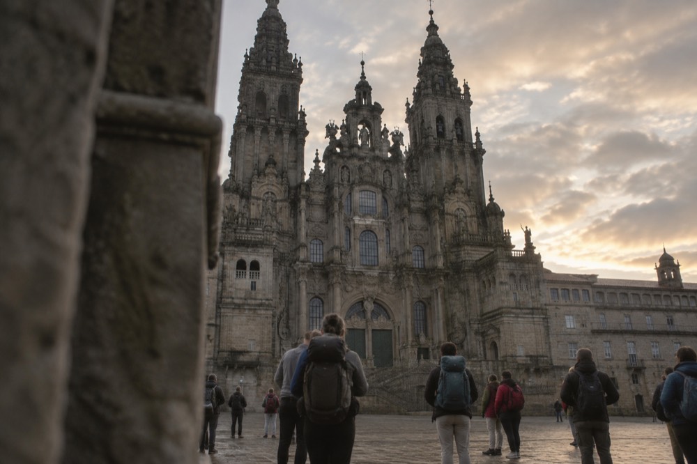 Pilgrims with backpacks standing on Praza do Obradoiro looking up at the cathedral facade