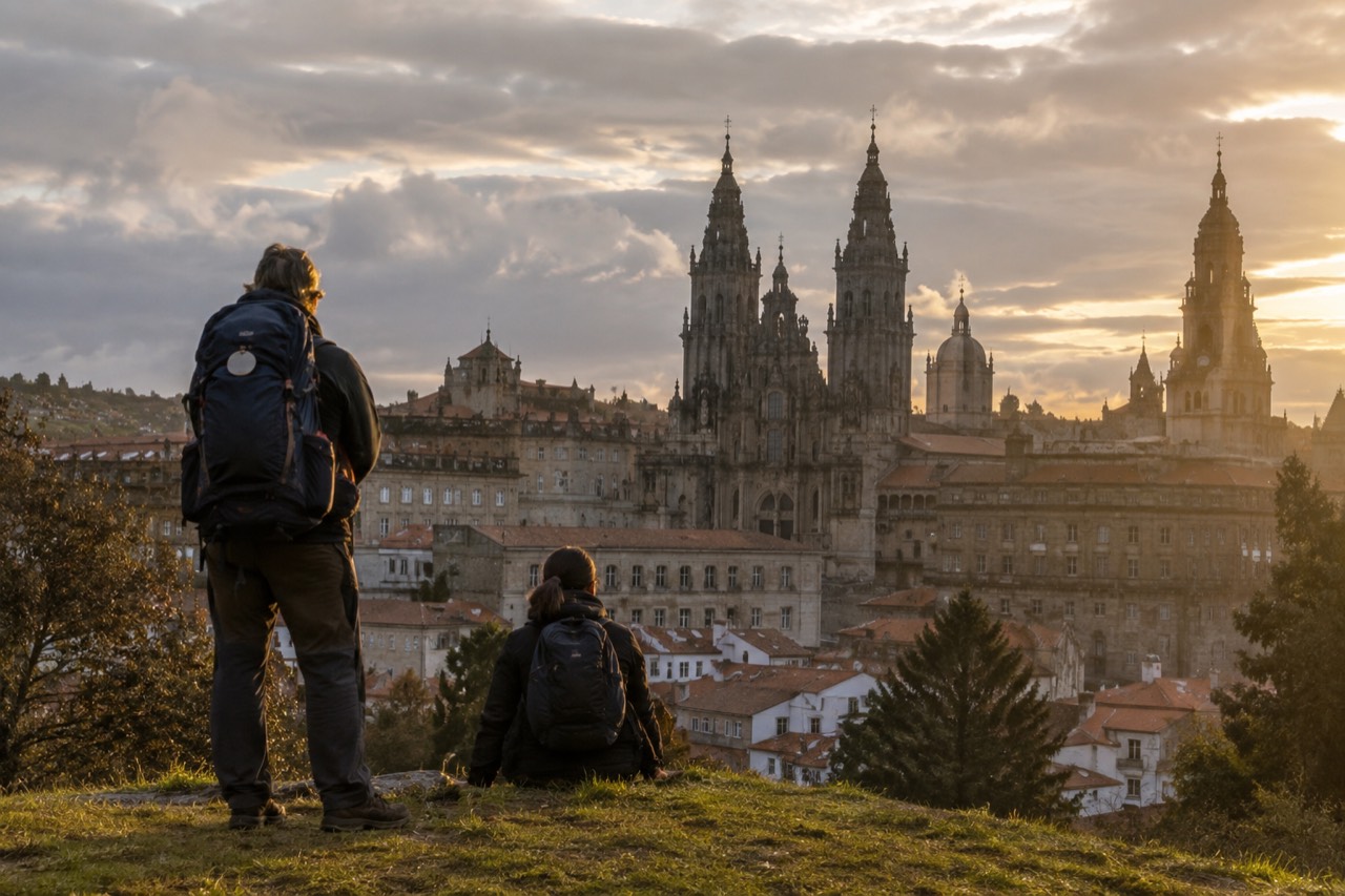 Grassy hilltop outside Santiago de Compostela with pilgrims looking toward the Cathedral towers on the horizon