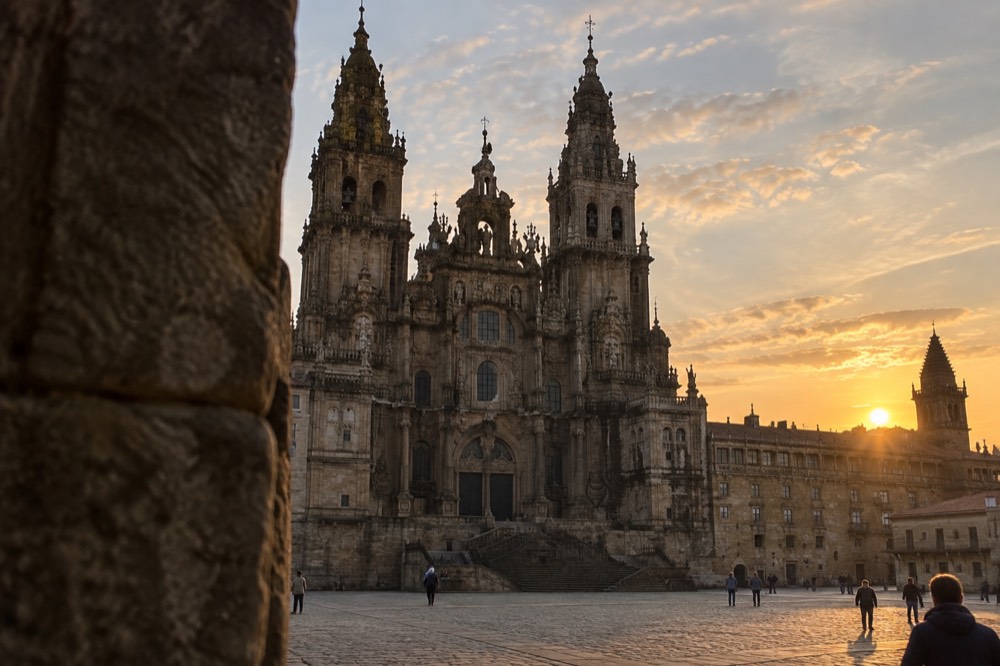 Sunset light over the rooftops of Santiago de Compostela with the Cathedral towers silhouetted against an orange sky