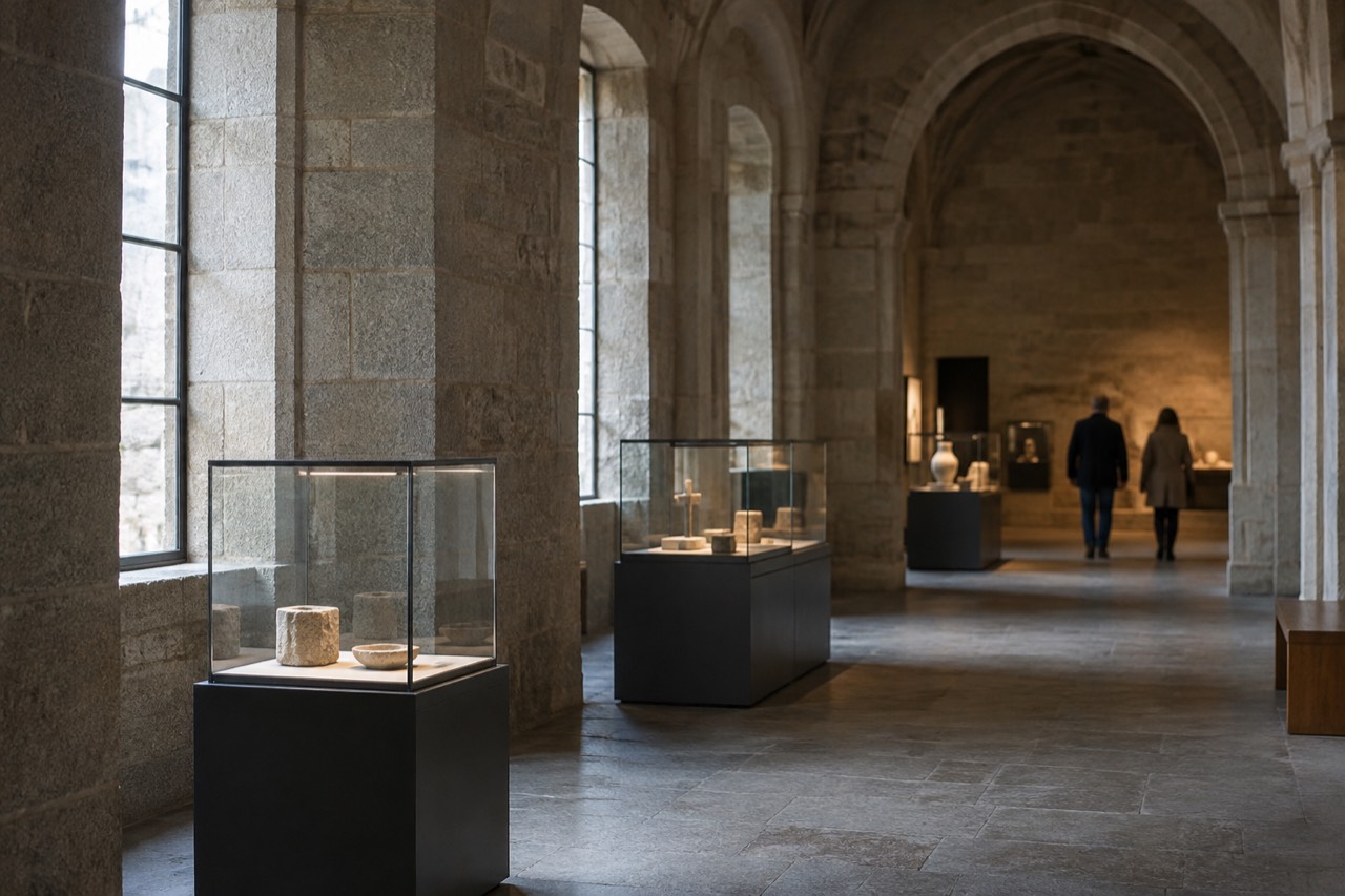 Interior gallery of a pilgrimage museum in Santiago de Compostela with display cases and stone arches