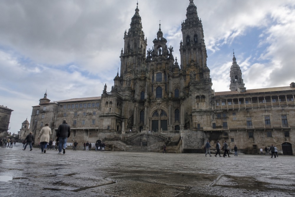 Museum wall with a large map showing pilgrimage routes across Europe converging on Santiago de Compostela