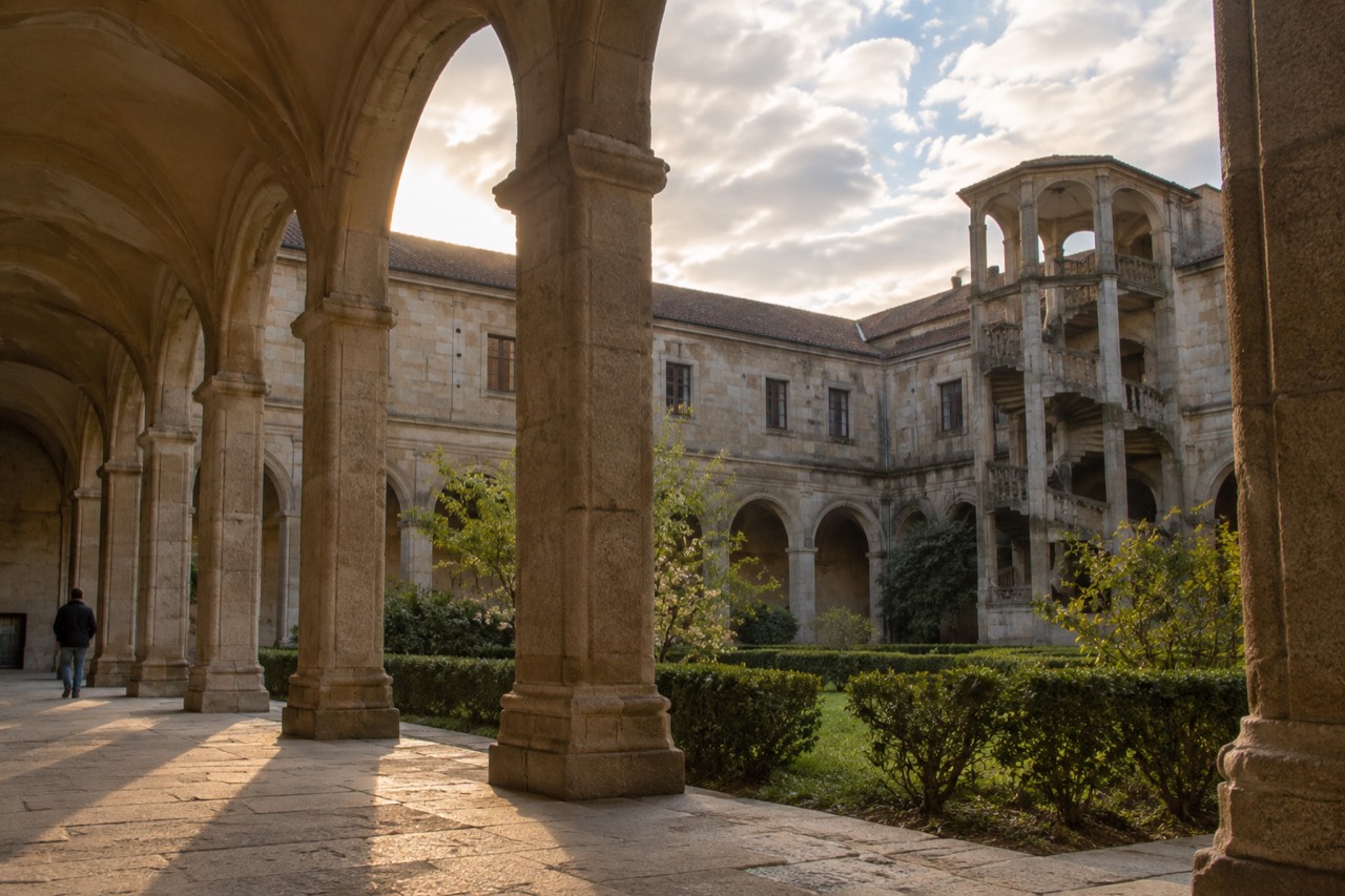 Stone convent facade of the Museo do Pobo Galego in Santiago de Compostela on a quiet morning