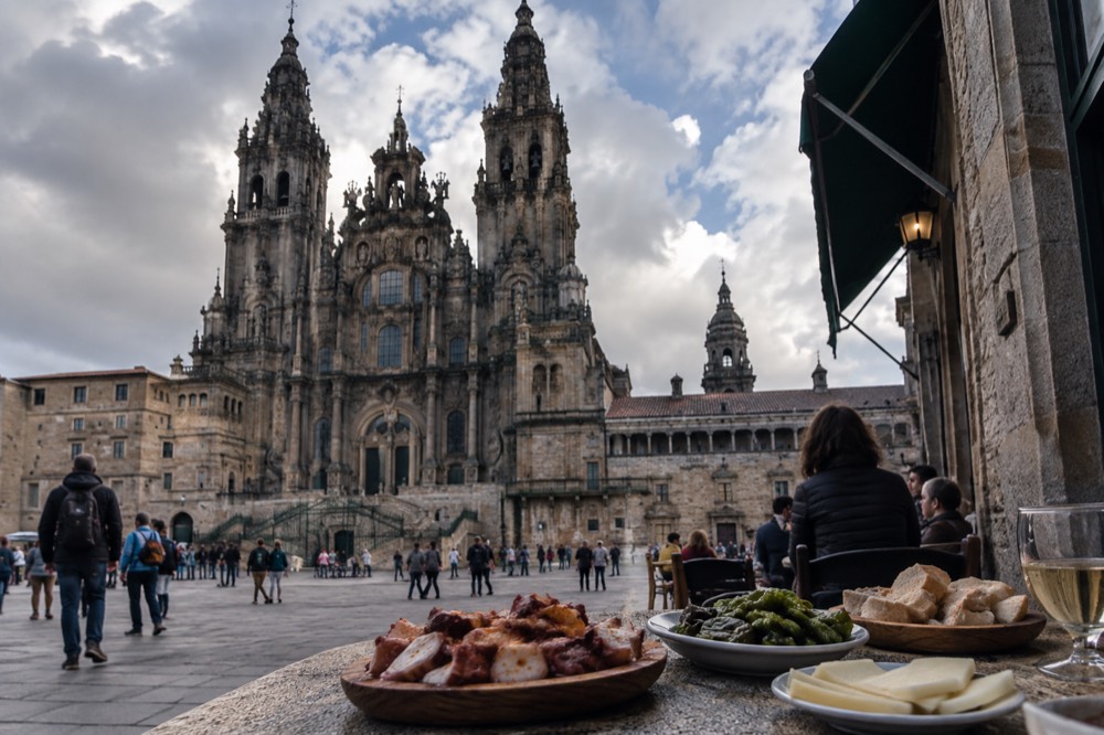 Bar interior in Santiago de Compostela with plates of octopus and Galician tapas on the counter