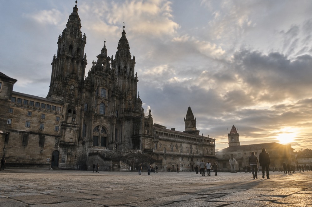 Evening view over the rooftops of Santiago de Compostela toward the Cathedral towers