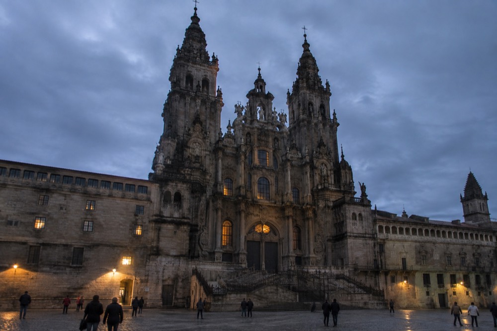 The baroque Obradoiro facade of Santiago de Compostela Cathedral seen across the square