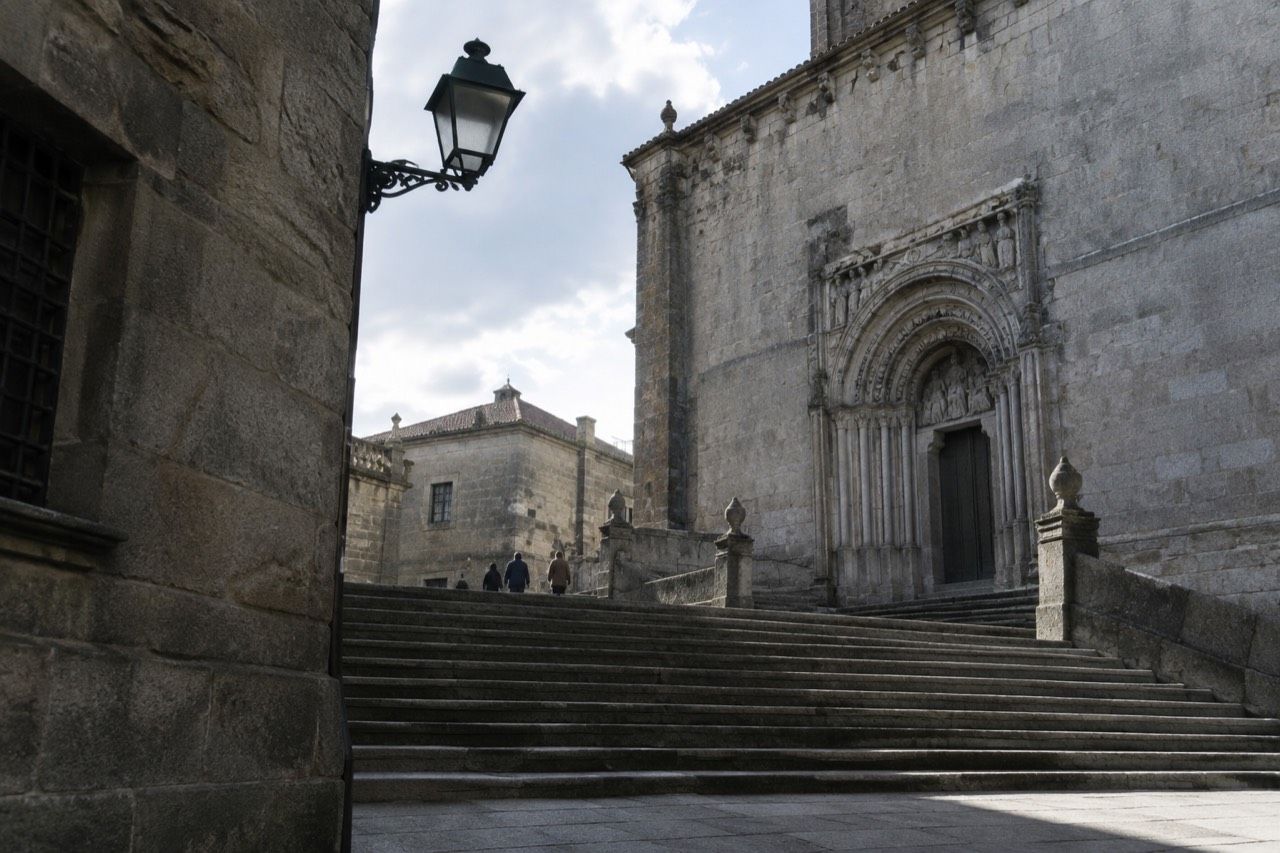 The Holy Door set into the east side of Santiago de Compostela Cathedral as seen from Praza da Quintana