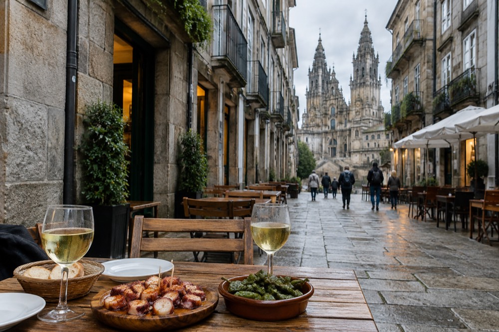 A Galician meal on a restaurant table: octopus rounds on a wooden plate, blistered green peppers and glasses of white wine