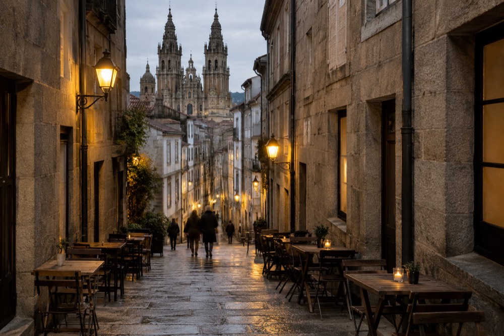 A lamplit narrow street at dusk with the towers of a granite cathedral rising at the top of the lane