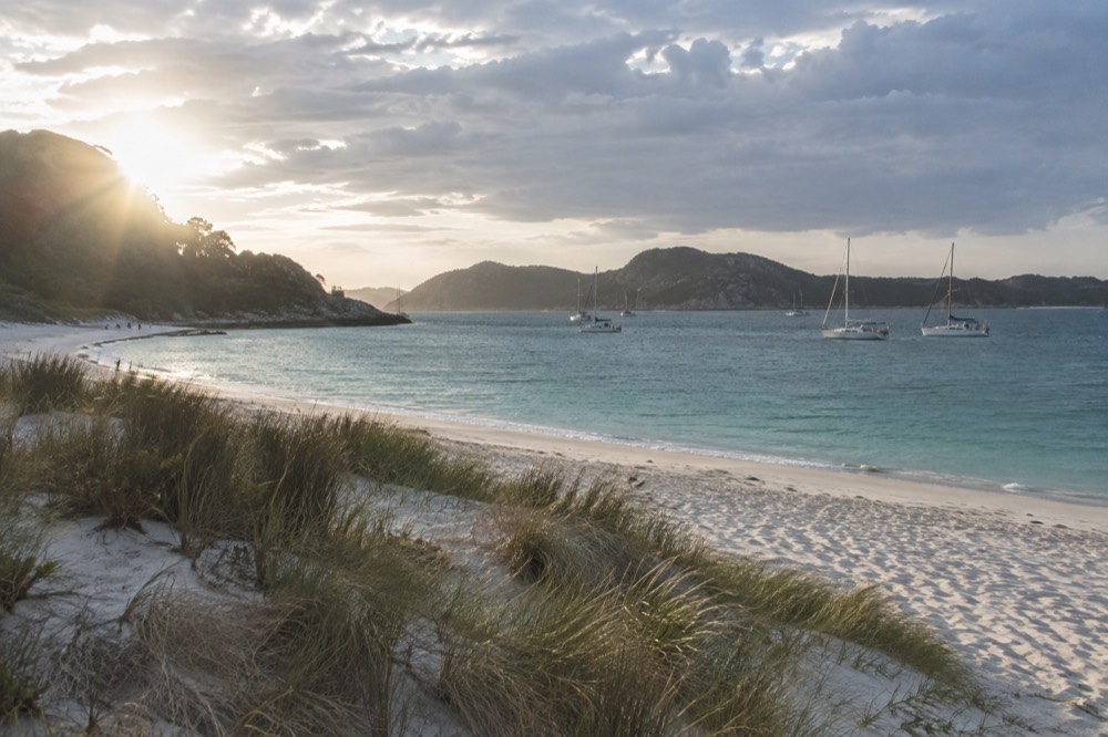 Sailboats anchored in clear water inside a wide bay with low green hills