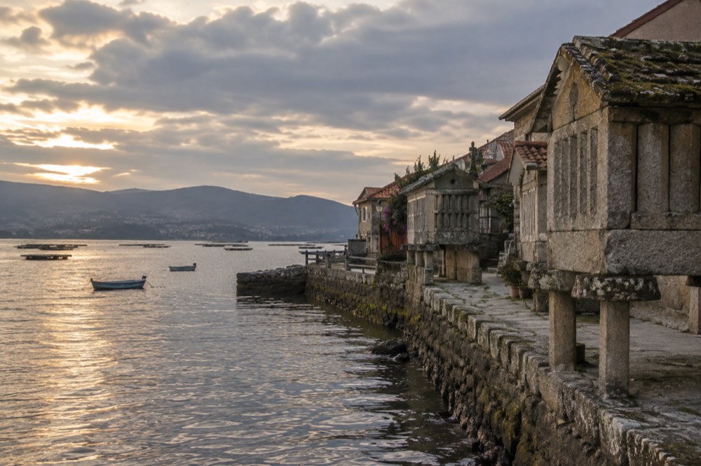 Wooden mussel-farming platforms, bateas, spread across the calm water of a Galician ria near Combarro