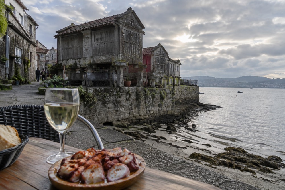 A plate of Galician octopus with paprika and a glass of white wine on a terrace table above the Combarro shore