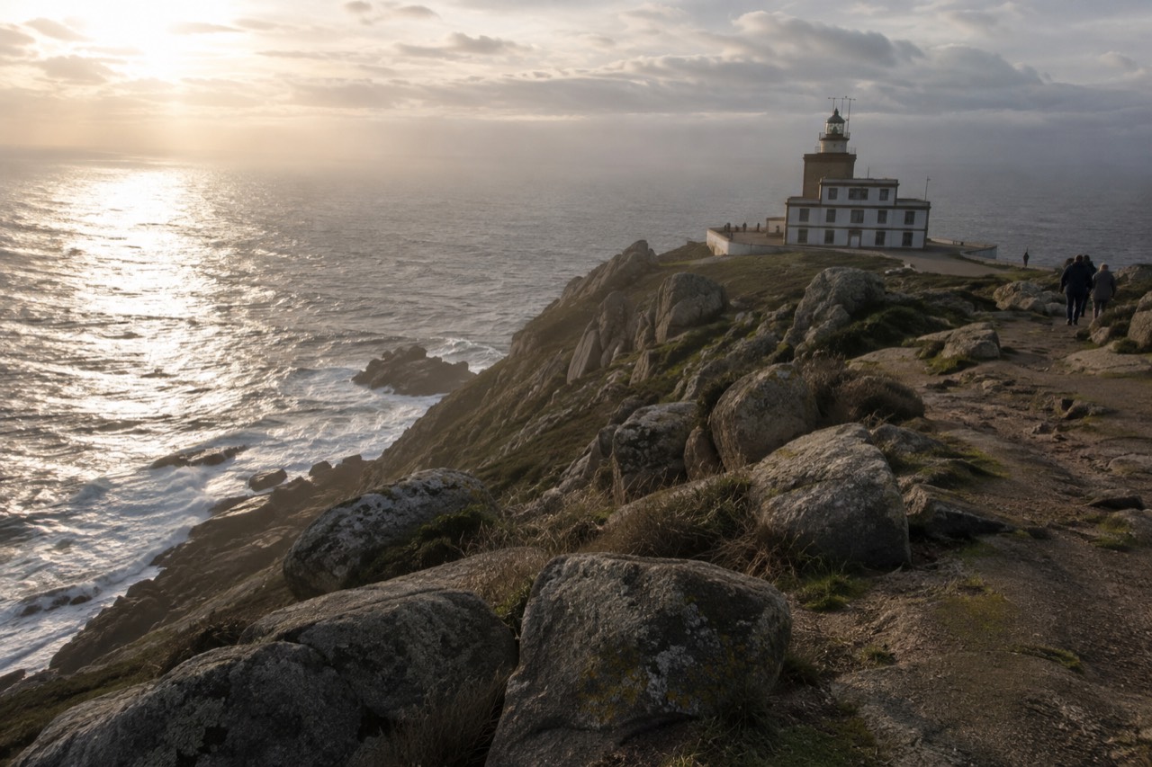 The Fisterra lighthouse on a rocky cape above the Atlantic Ocean in Galicia, Spain