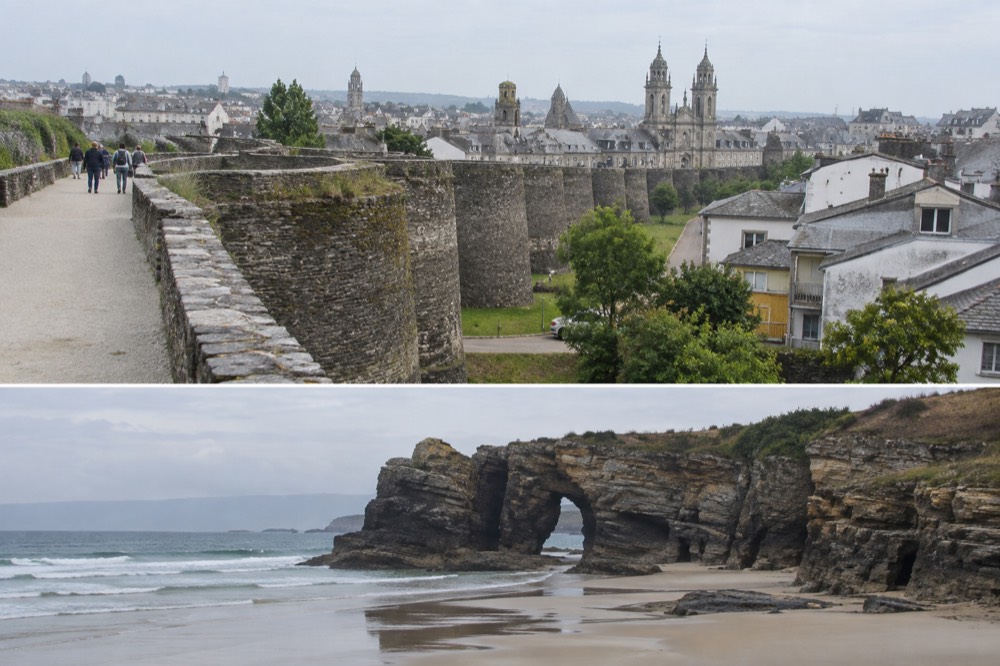 Tall sandstone arches rising from the sand at Cathedrals Beach in Galicia