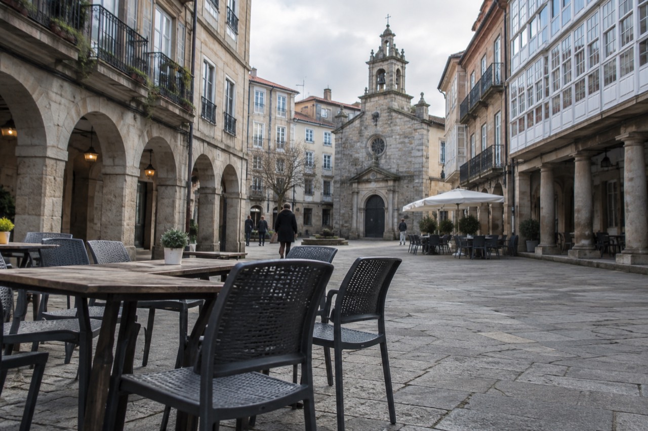 Pastel-colored stone buildings with glass-covered galleries lining a pedestrian street in Pontevedra's old town