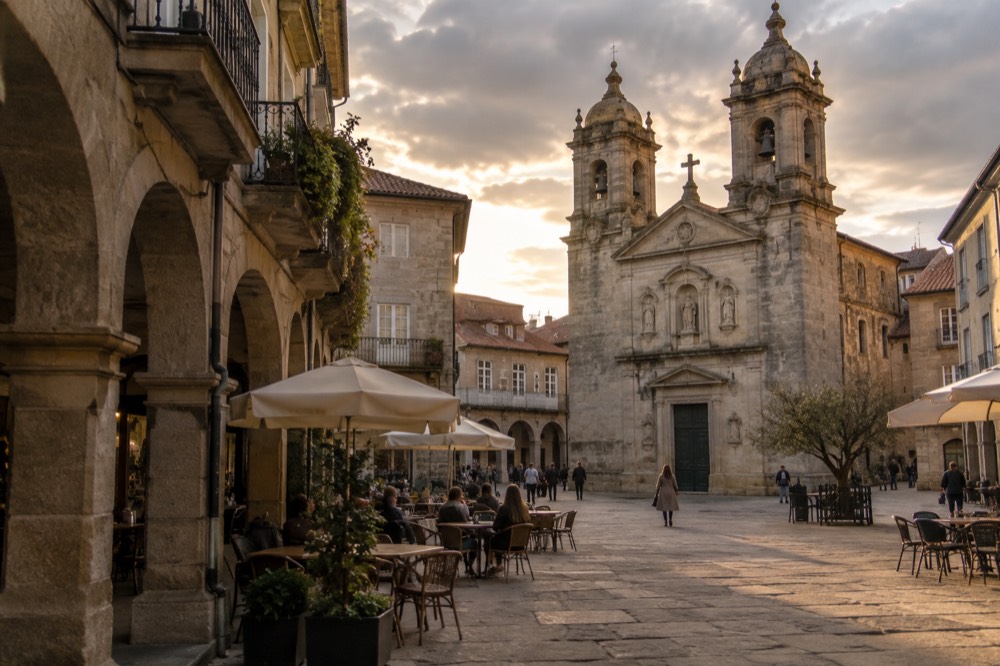 Stone church facade with baroque towers rising above a small square with outdoor tables in Pontevedra
