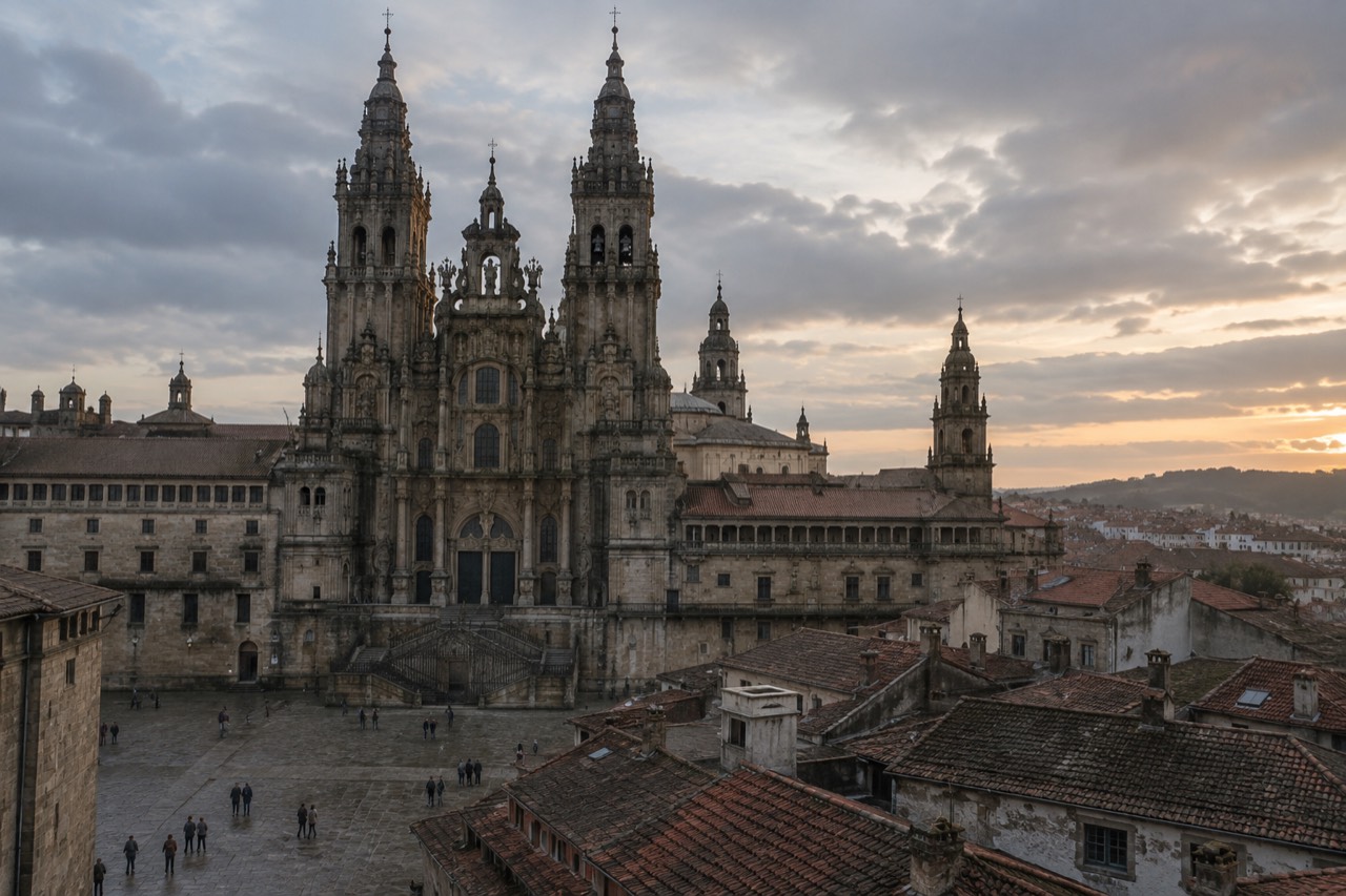 The cathedral towers of Santiago de Compostela rising above the old town rooftops at golden hour