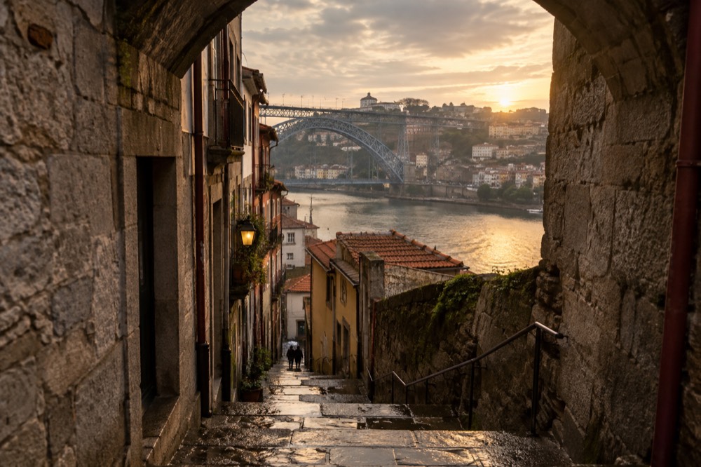 A worn stone gateway arching over a narrow medieval street with wet paving stones