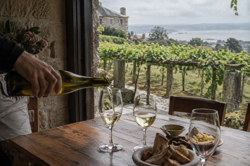 White wine being poured into glasses at a wooden table inside a small Galician winery.