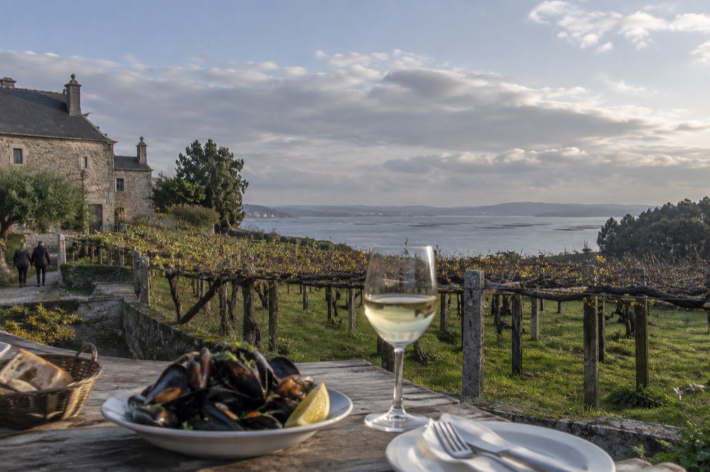 A plate of steamed mussels and a glass of white wine on a restaurant table beside the sea.