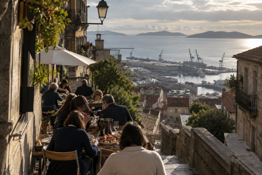 Diners eating seafood at outdoor tables on a narrow street in Vigo, Spain